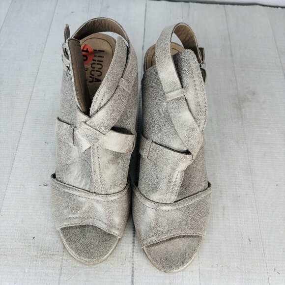 Lucca Lane ANALISE Gray Leather Stacked Heeled Peep Toe Booties Sandal Size 10 M - Picture 8 of 16